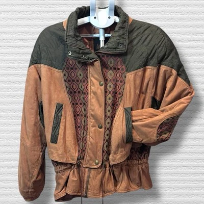 Chaqueta Bomber Winlet De Colección Cuero L Retazos Acolchada Suroeste Azteca Boho Foto 1 de 4