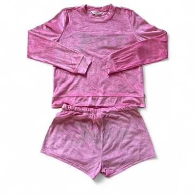 Juicy Couture Pink Velvet Pajama Set, Top & Shorts Rhinestone Embroidered Size S - Image 1 of 4