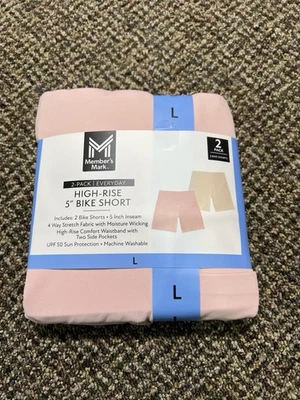 Paquete de 2 cortos de bicicleta Member's Mark para damas de tiro alto de 5" nuevos con etiquetas rosa y crema talla grande Foto 1 de 4
