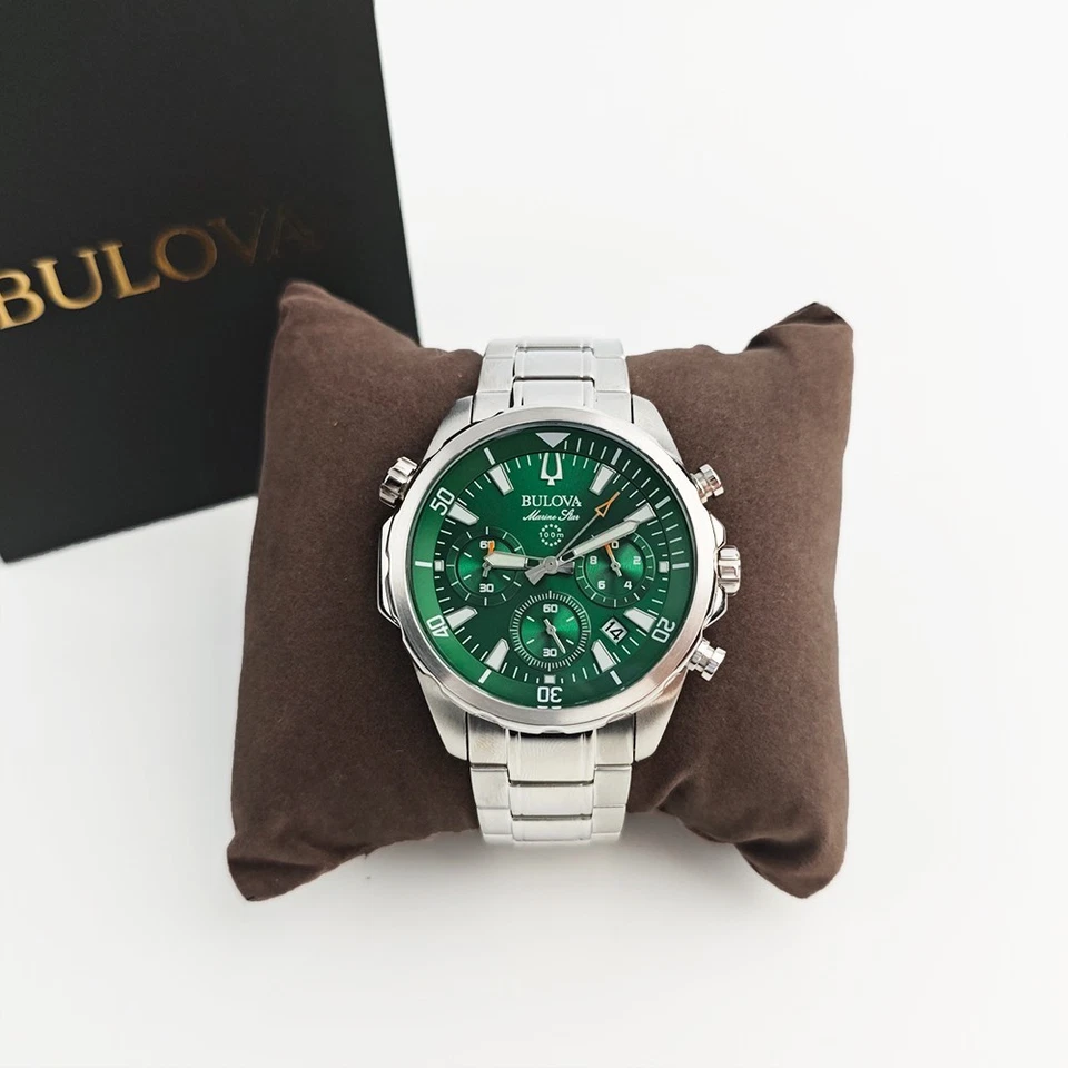Bulova Men's Marine Star Green Dial Stainless Steel Chronograph Watch 96B396