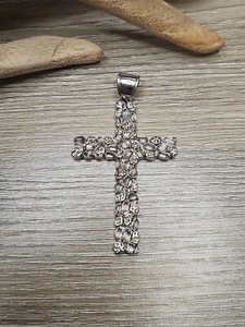 Großer 2,50 Zoll massiver 925 Sterlingsilber Nugget Kreuz Anhänger Kruzifix für Herren  - Bild 1 von 5