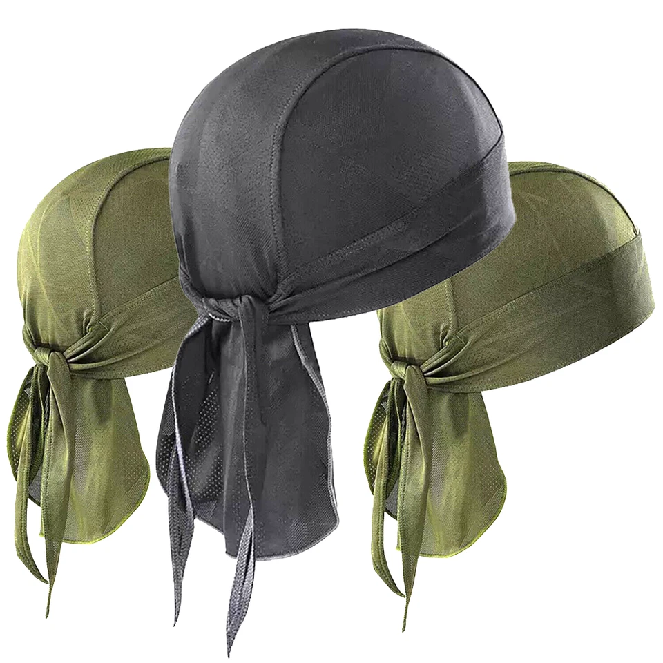 Men Durag Bandana Scarf Head Tie Down Band Cycling Biker Skull Cap Black Khaki - Image 1 of 4