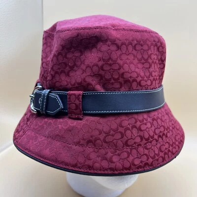 Sombrero Cubo Vintage COACH Rojo Granate Firma Lona Marrón Cuero Borde M-L Foto 1 de 4