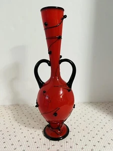 Vintage seltene Mid Century Modern rot ~ schwarz gewirbelte mundgeblasene 13" Vase ~ wunderschön! - Bild 1 von 15