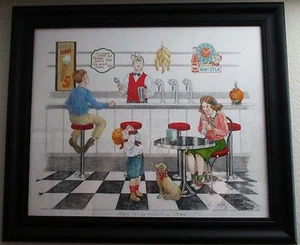1940's Soda Fountain by Lee Dubin Framed Original Colored Pencil Sketch - Picture 1 of 7