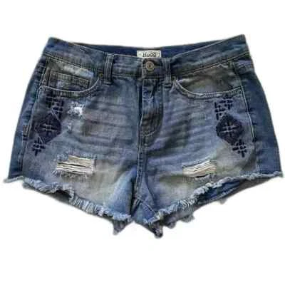Винтажный MUDD шорты джинсовой ткани Jean вышитый необработанный кромки искусственно состаренный эластичной женщин 11 синий - Изображение 1 из 4