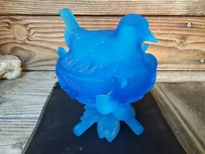 Vintage mattiert blau Fußvögel auf Nest Deckel Süßigkeiten Geschirr Tierdekor Westmor - Bild 1 von 9