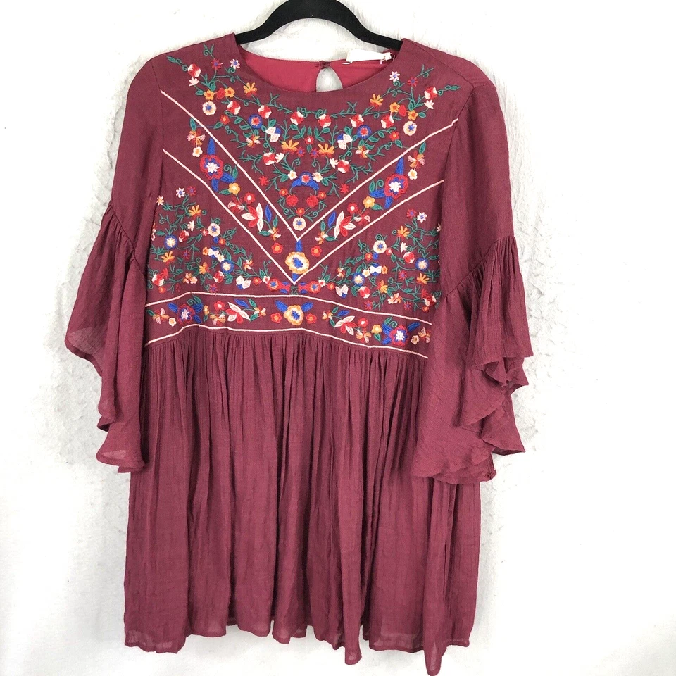 Top Altard State Mujer Pequeño Borgoña Arrugado Bordado Boho Campesino Gasa Foto 1 de 4
