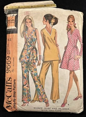 McCall's 9669 Misses Robe, Pajamas, 2 Tops Original Vintage1969 Pattern sz12 Cut - Image 1 of 2