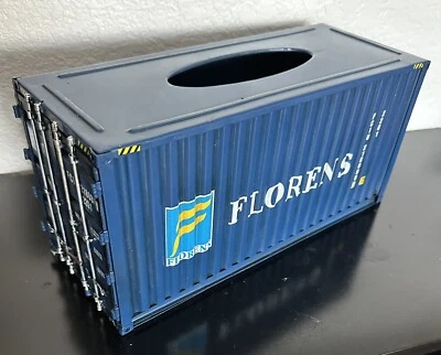Vintage Blue Diecast Metal Cargo Train Container Car TISSUE BOX holder - Изображение 1 из 3