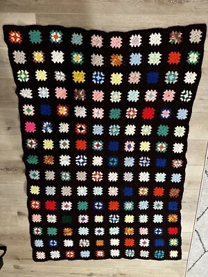 Antique 1950's Handmade Crochet Granny Square Afghan Throw Blanket Bright 64x45 - Image 1 of 4