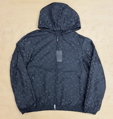 Armani Exchange Jeans Hooded Jacket Fabric All over Logo Full Zip Black Designer - Image 1 of 4