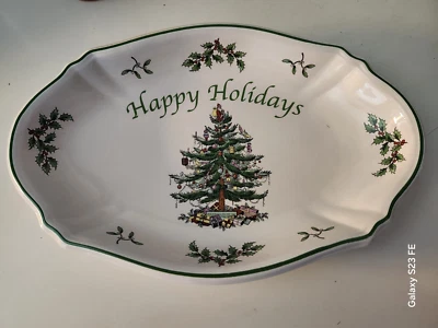 SPODE,  CHRISTMAS TREE SERIES 11" X 7" PLATTER  " HAPPY HOLIDAYS" - Image 1 of 3