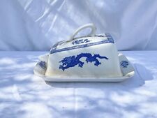 VINTAGE CERAMIC CHEESE / BUTTER DISH WITH LID BLUE &WHITE DRAGON CRESCENT