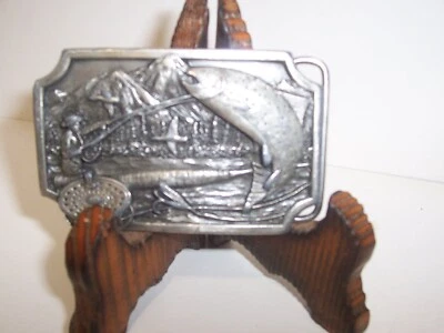 VTG Fly Fishing Outdoorsman Mountain Scene Belt Buckle Siskiyou  Pewter 1983 (19 - Image 1 of 3
