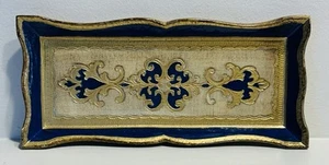 VTG Italy Florentine Gold Navy Blue Handpainted Wood Tray Trinket Dish 10”x4.5” - Picture 1 of 8