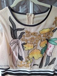 Vintage Cream Mesh Lined Midi Dress M Embroidered Butterfly Sleeves Black Trim - Picture 1 of 8