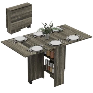 HOMCOM Mobile Drop Leaf Dining Table Folding Desk w/ 2 Wheels Dark Grey - Picture 1 of 11