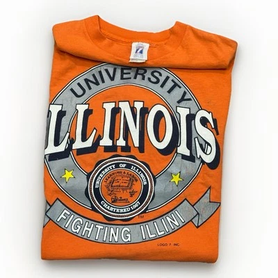 Винтажная мужская футболка 90-х University of Illinois Fighting Illini с оранжевым гербом размер XL - Изображение 1 из 4
