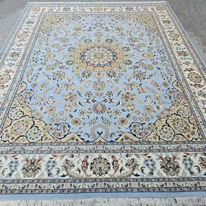 Persiann Medallion Nain Blue Ivory Wool Silk Super Fine Weave Hand Knotted Rug - Picture 1 of 11