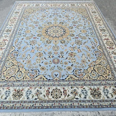Persiann Medallion Nain Blue Ivory Wool Silk Super Fine Weave Hand Knotted Rug - Image 1 of 4