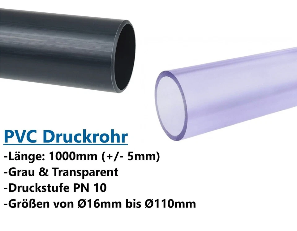 1 Meter PVC Rohr Druckrohr 16 20 25 32 40 50 63mm Kleberohr PN10 - Bild 1 von 3