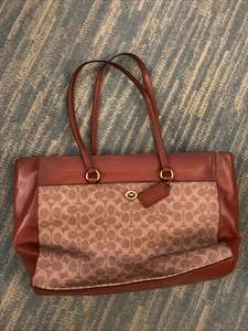 Coach 89316 Folio Tote Signature Canvas & Calf Leather Tan & Red Rust Work Bag - Picture 1 of 15