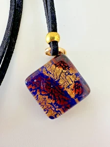 Murano Glass Necklace Pendant Made Italy Gold Black Suede Rope Signed - Picture 1 of 12