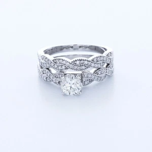 Juego nupcial a juego estilo vintage 14 k diamantes naturales redondos D-VS2 0,91 quilates D-VS2 - Imagen 1 de 4