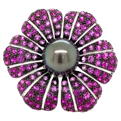 Tahitian Pearl, Ruby, and Pink Sapphire Floral Ring 18 Karat White Gold - Image 1 of 4