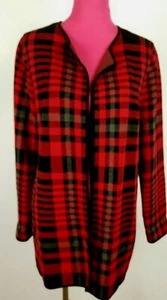 TALBOTS Red/Black Plaid Open Front Long Sweater Coat Size L - Picture 1 of 5