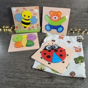 4 Colorful Animal Educational Baby Wooden Puzzle Set with storage bag NEW - Picture 1 of 8