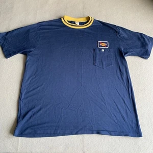 Vintage Sunoco Ringer Worker Shirt Blue Adult Size L Embroidered Patch 70s 80s - Picture 1 of 7