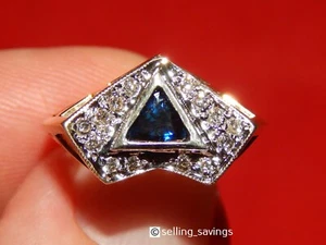 14K YELLOW GOLD  DIAMOND & TRILLION CUT BEZEL SET SAPPHIRE RING UNIQUE - Picture 1 of 11