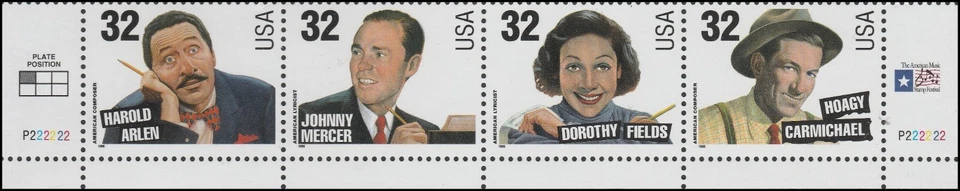 US 3100-3103 3103a Songwriters 32c plate strip 4 L P222222 MNH 1996 - Image 1 of 1