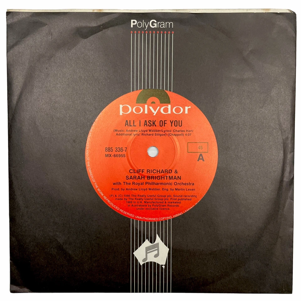 Cliff Richard & Sarah Brightman All I Ask Of You 7” 45 RPM Vinyl Record 1986 OG - Image 1 of 4