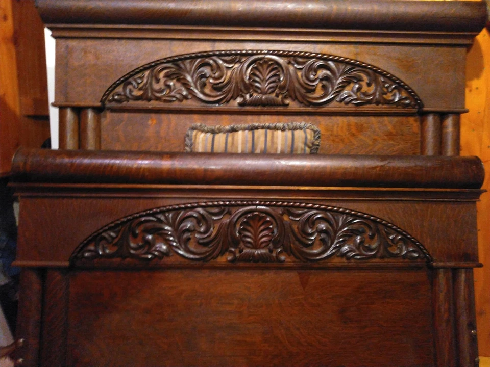 Antique Tiger Oak Bed With Eagle Claw Feet. - Image 1 of 1