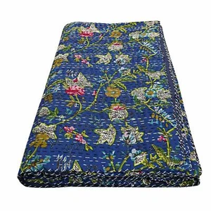 Indian Handmade Floral Kantha Quilt Reversible Bedspread Queen Cotton Coverlet - Picture 1 of 7