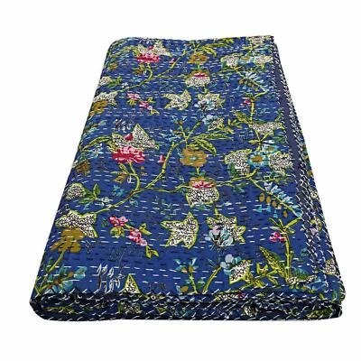 Indian Handmade Floral Kantha Quilt Reversible Bedspread Queen Cotton Coverlet - Image 1 of 4
