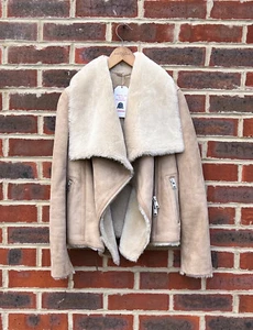 All Saints Ladies Sheepskin WRAP Biker Jacket UK4 EU32 US0 Brown Leather Suede - Picture 1 of 11