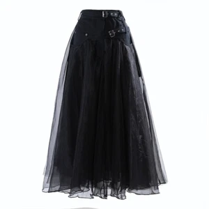 Women Mesh Denim Skirt Lace Splice Midi High Waist A-line Pleated Frill Skirt - Picture 1 of 14