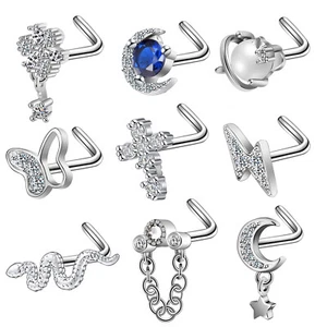 9 Pcs CZ Opal Nose Rings Studs Silver L Shape Stainless Steel Body Piercing 20G - Picture 1 of 6