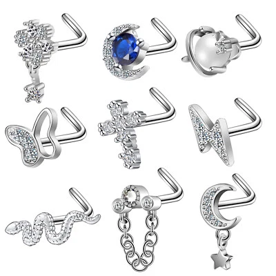 9 Pcs CZ Opal Nose Rings Studs Silver L Shape Stainless Steel Body Piercing 20G - Image 1 of 4
