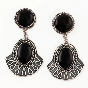 SOUTHWESTERN STIL SILBER SCHWARZ ONYX SEIL BORDÜRE DRAHT DETAILS OHRHÄNGER - Bild 1 von 3