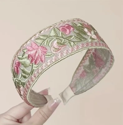 Vintage Retro Green And Pink Embroidered Lace Fabric Hair Band Headband - Image 1 of 4
