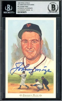 Johnny Mize Gem Mint 10 Beckett BAS Signed Perez Steele Celebration Postcard  - Image 1 of 2