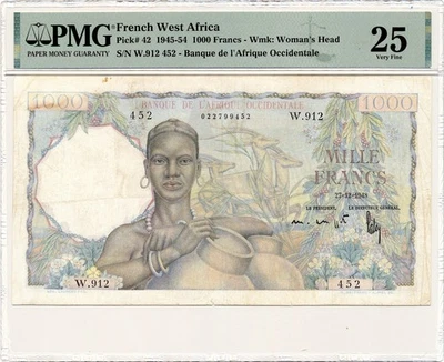 FRENCH WEST AFRICA banknote 1000 Francs 27.2.1948 PMG VF 25 Very Fine - Image 1 of 4