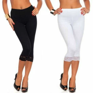 Leggings donna nuovi bordo pizzo ritagliato lunghezza 3/4 - Foto 1 di 3