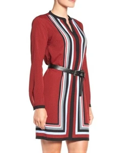 NWT $135 Michael Kors Optic Scarf Belted Band Collar Shirt Dress Red Blaze L - Picture 1 of 7