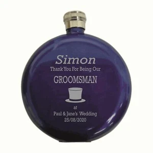 Personalised  Groomsman Top Hat  5oz Round Blue Hip Flask In A Paper Box HF602 - Picture 1 of 1